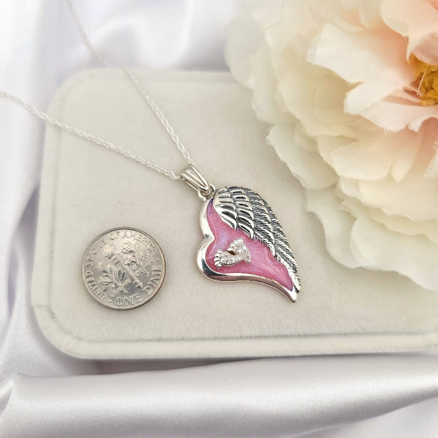 925 Sterling Silver Footprints Angel Wing Heart Necklace