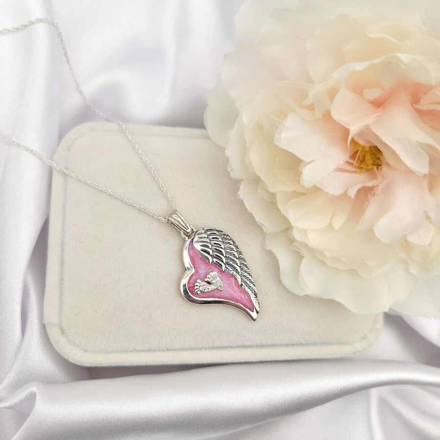 925 Sterling Silver Footprints Angel Wing Heart Necklace