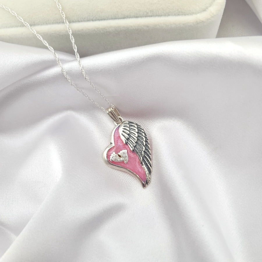 925 Sterling Silver Footprints Angel Wing Heart Necklace