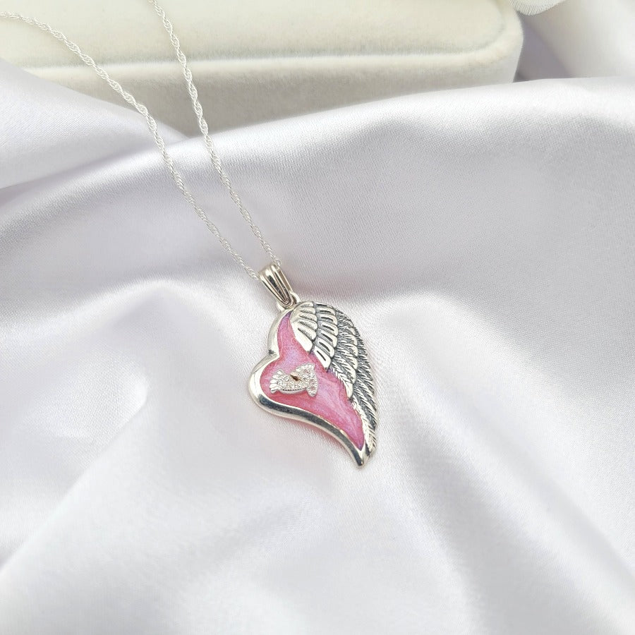 925 Sterling Silver Footprints Angel Wing Heart Necklace