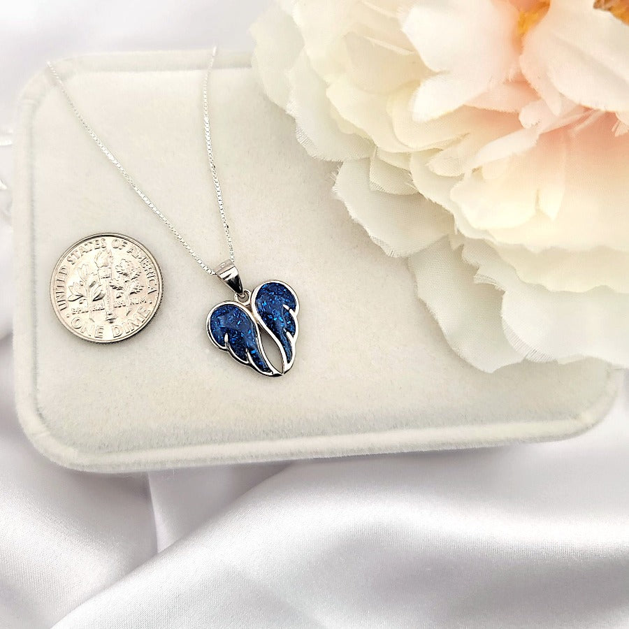 925 Sterling Silver Dark Blue Angel Wings Necklace