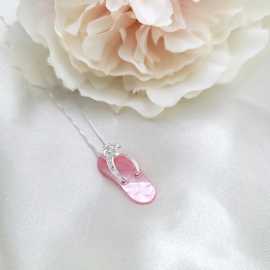 Pink Shell Flip flop necklace, 925 sterling silver jewelry
