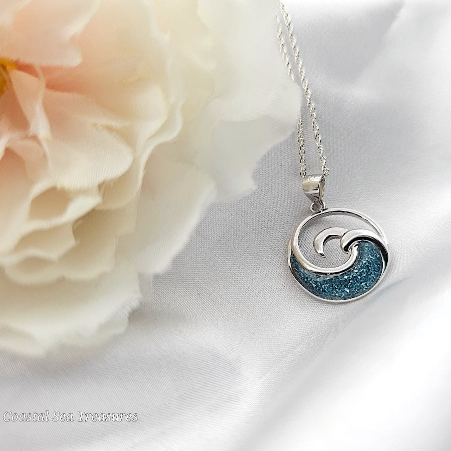 925 sterling silver blue ocean wave necklace