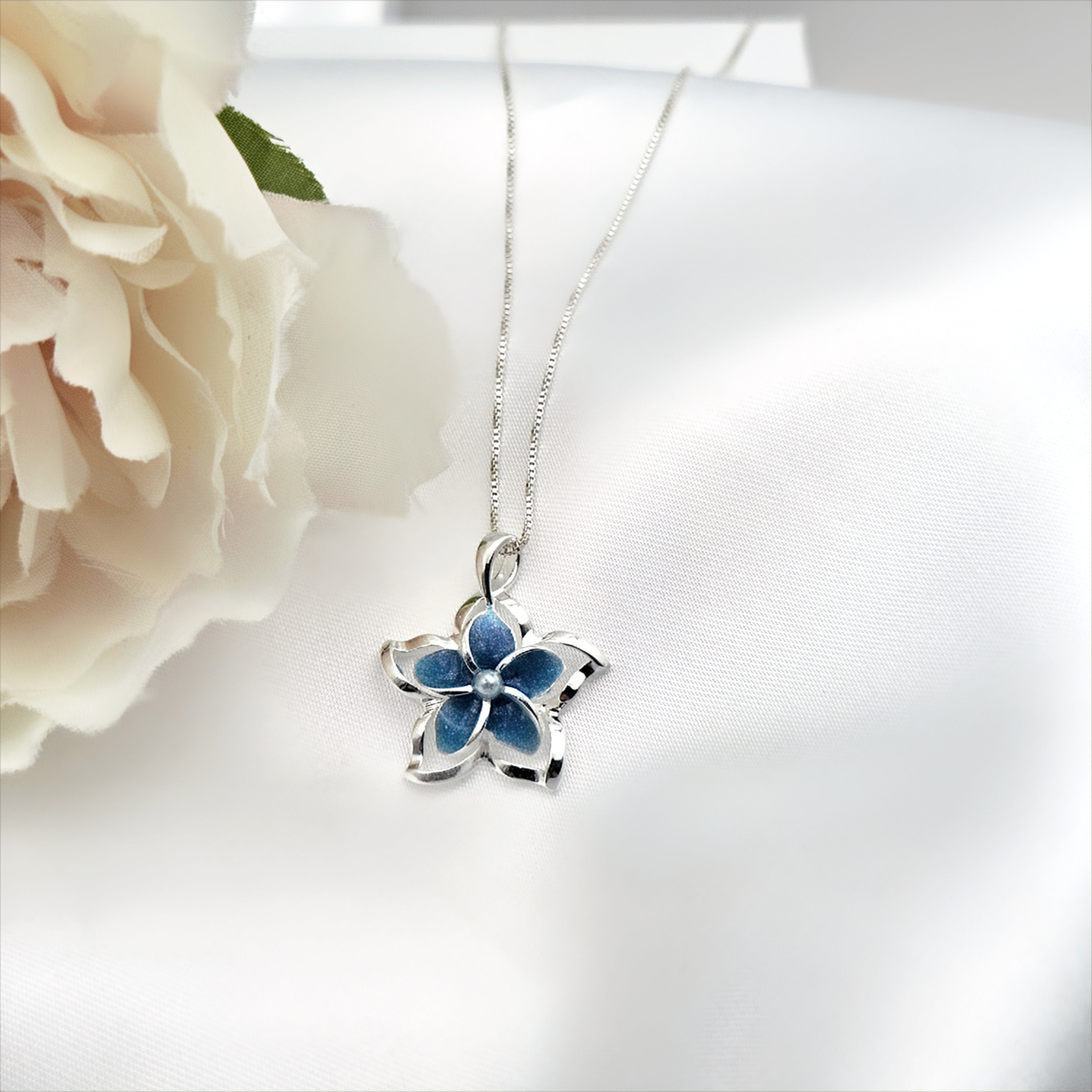 Sterling Silver BLUE & WHITE hotsell ENAMEL Flower Necklace, Cubic Zirconia Accents On The Petal Tips, 18