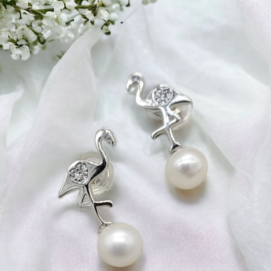 Flamingo stud earrings, flamingo jewelry, pearl flamingo earrings