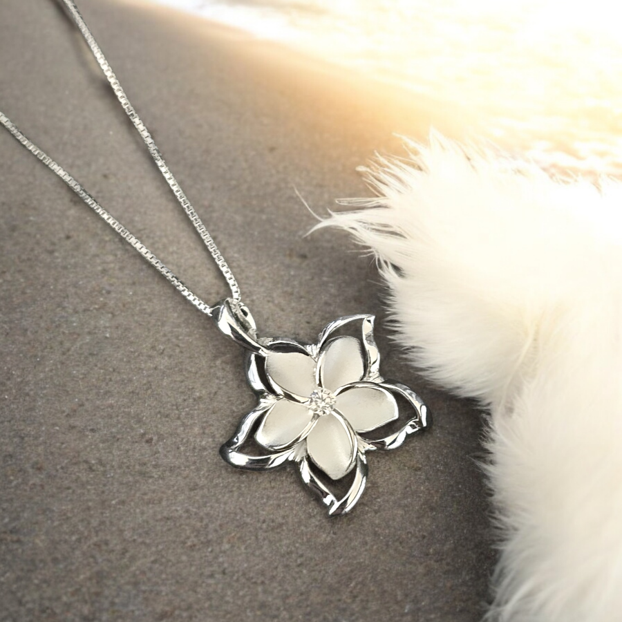 Hawaiian Flower Plumeria Necklace Pendant .925 Sterling Silver