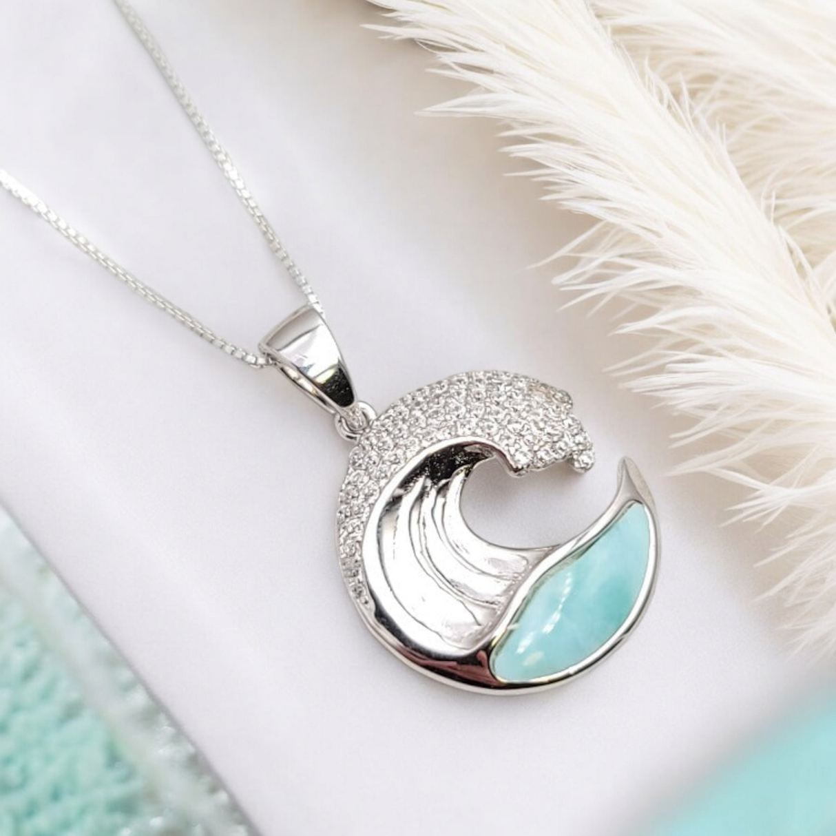 Larimar Wave Necklace Pendant, 925 Sterling Silver