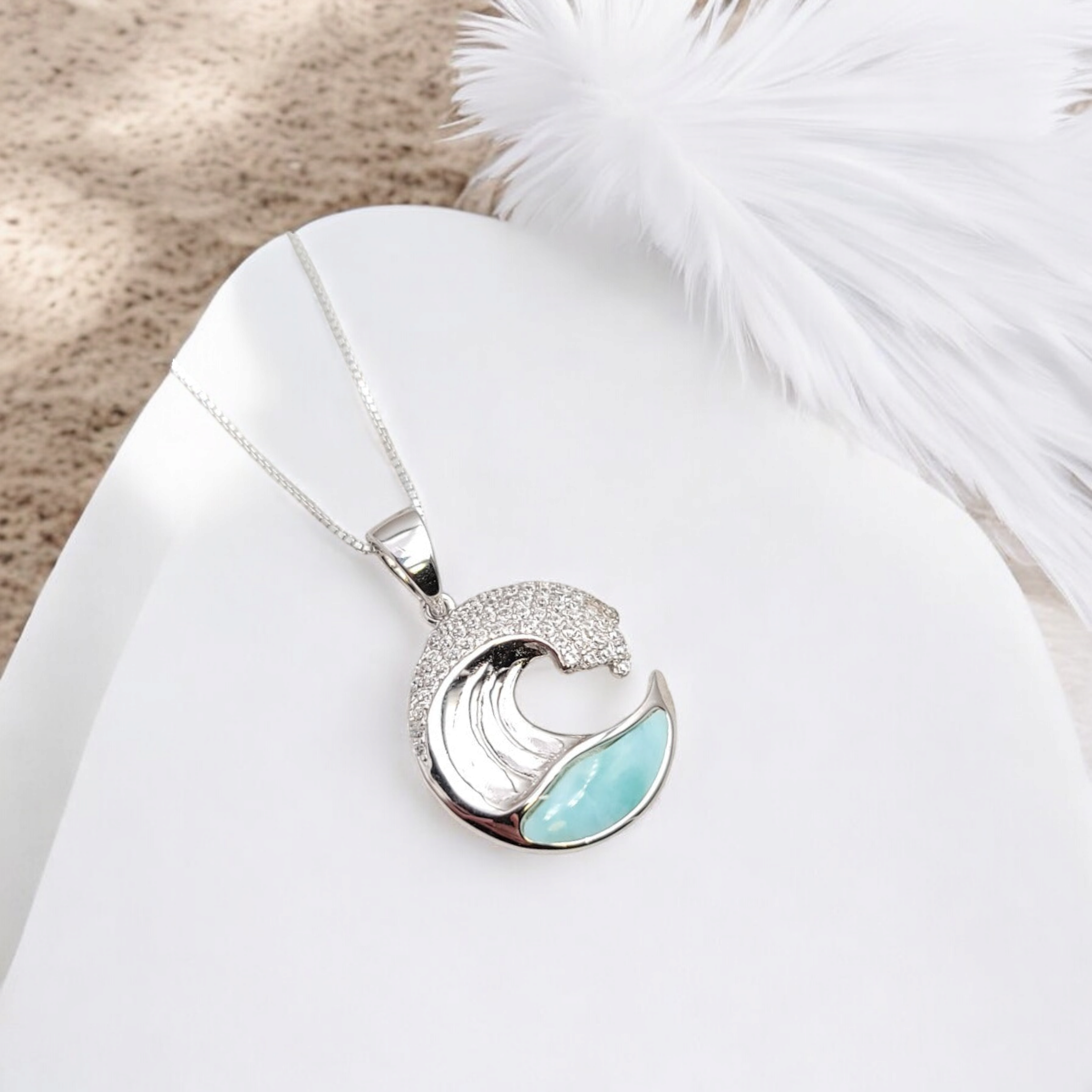 ★HARANG★ HR 337N_Stone from Ocean Necklace Larimar Wave Necklace Pendant, 925 Sterling Silver – Coastal