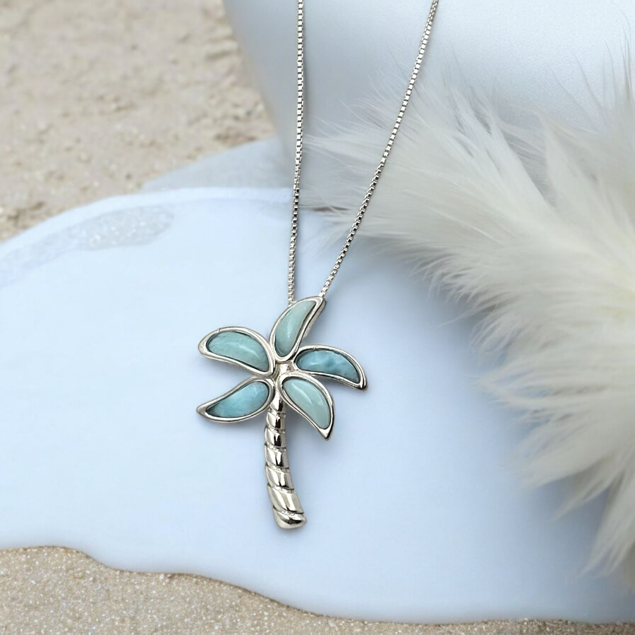 925 Sterling Silver Larimar Palm Tree Necklace Pendant