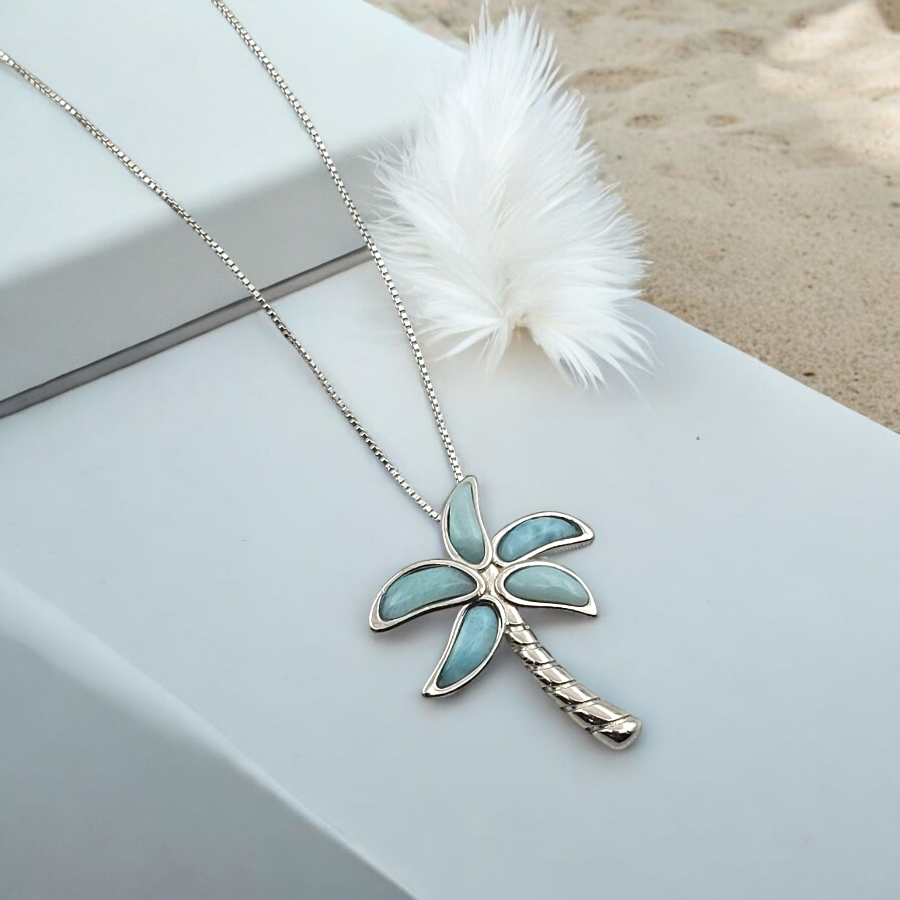 925 Sterling Silver Larimar Palm Tree Necklace Pendant