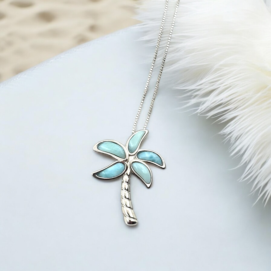 925 Sterling Silver Larimar Palm Tree Necklace Pendant