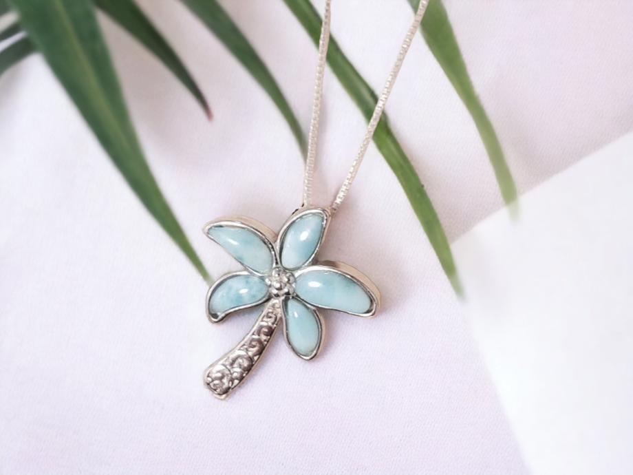 925 sterling silver larimar palm tree necklace