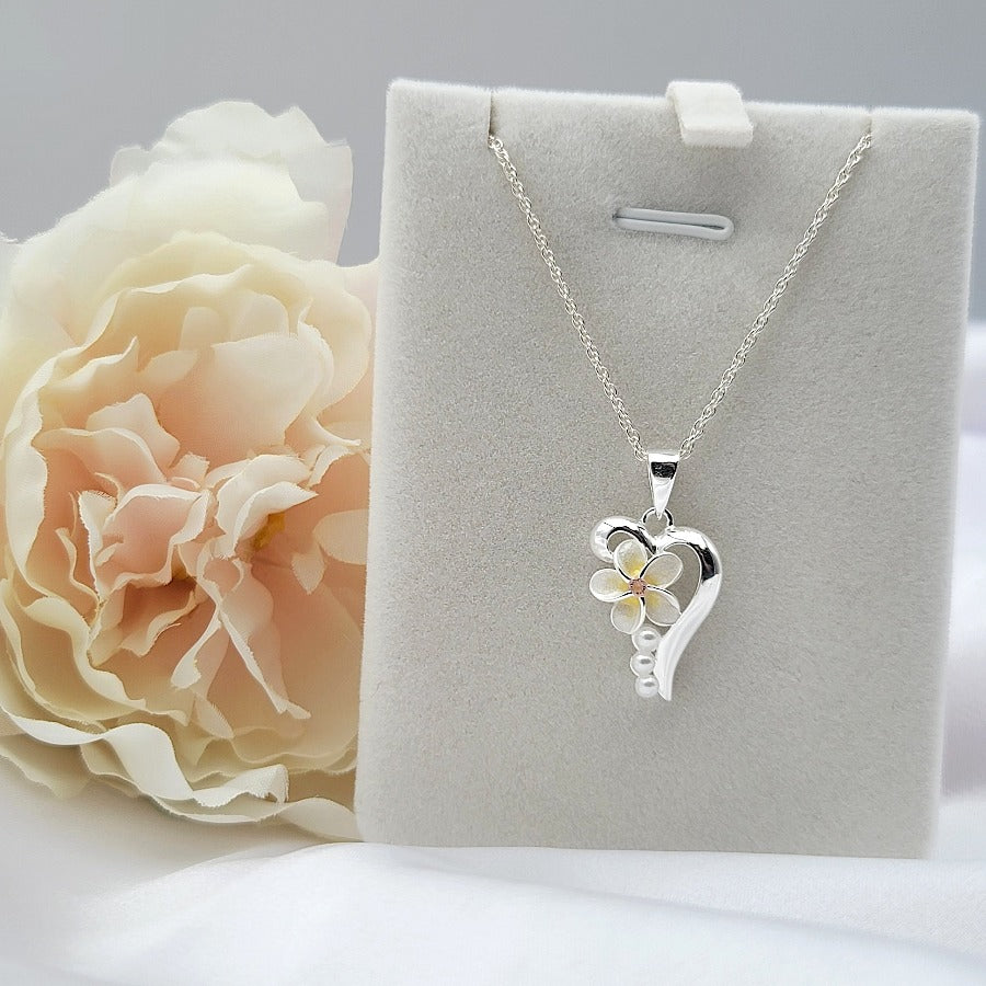 Sterling Silver Yellow Plumeria Heart Necklace