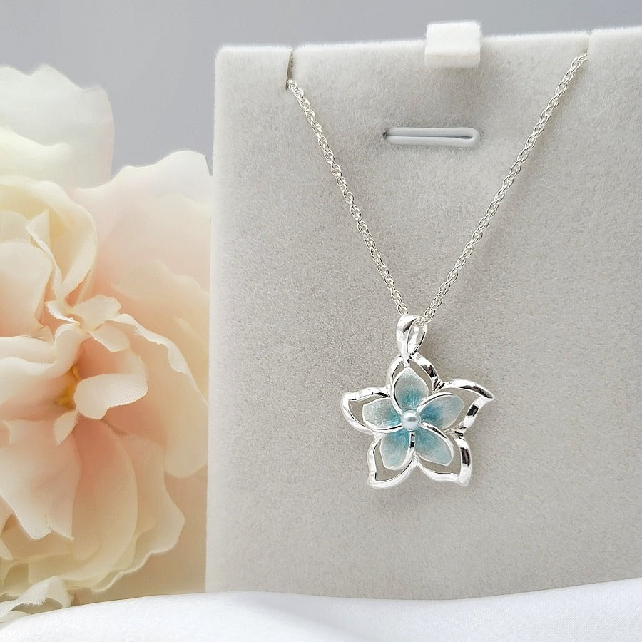 Sterling Silver Blue Plumeria Flower Pearl Necklace