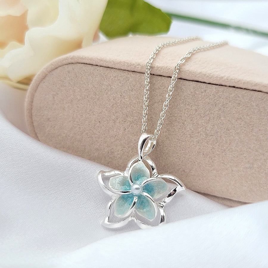 Sterling Silver Blue Plumeria Flower Pearl Necklace