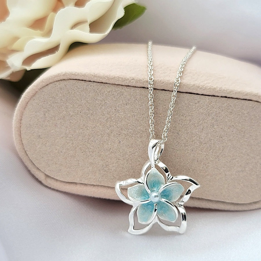 Sterling Silver Blue Plumeria Flower Pearl Necklace