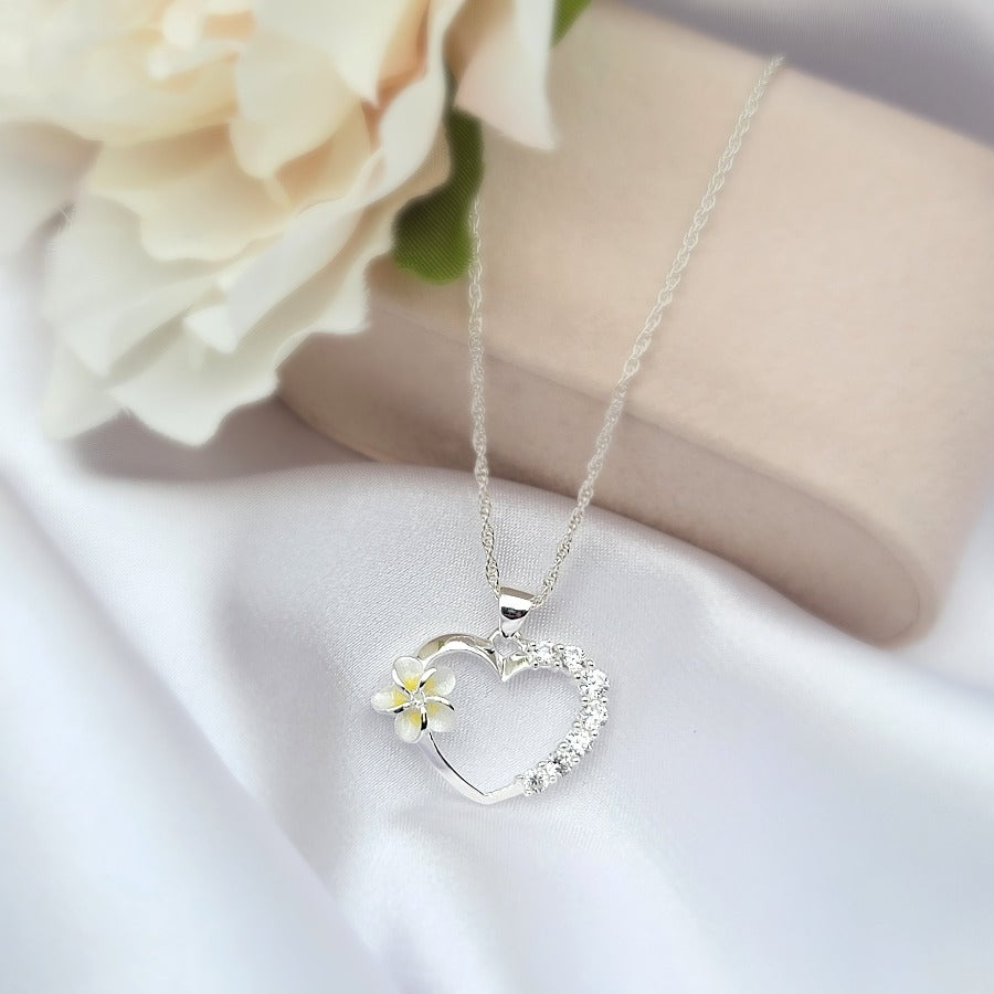 925 Sterling Silver Yellow Plumeria Heart Necklace