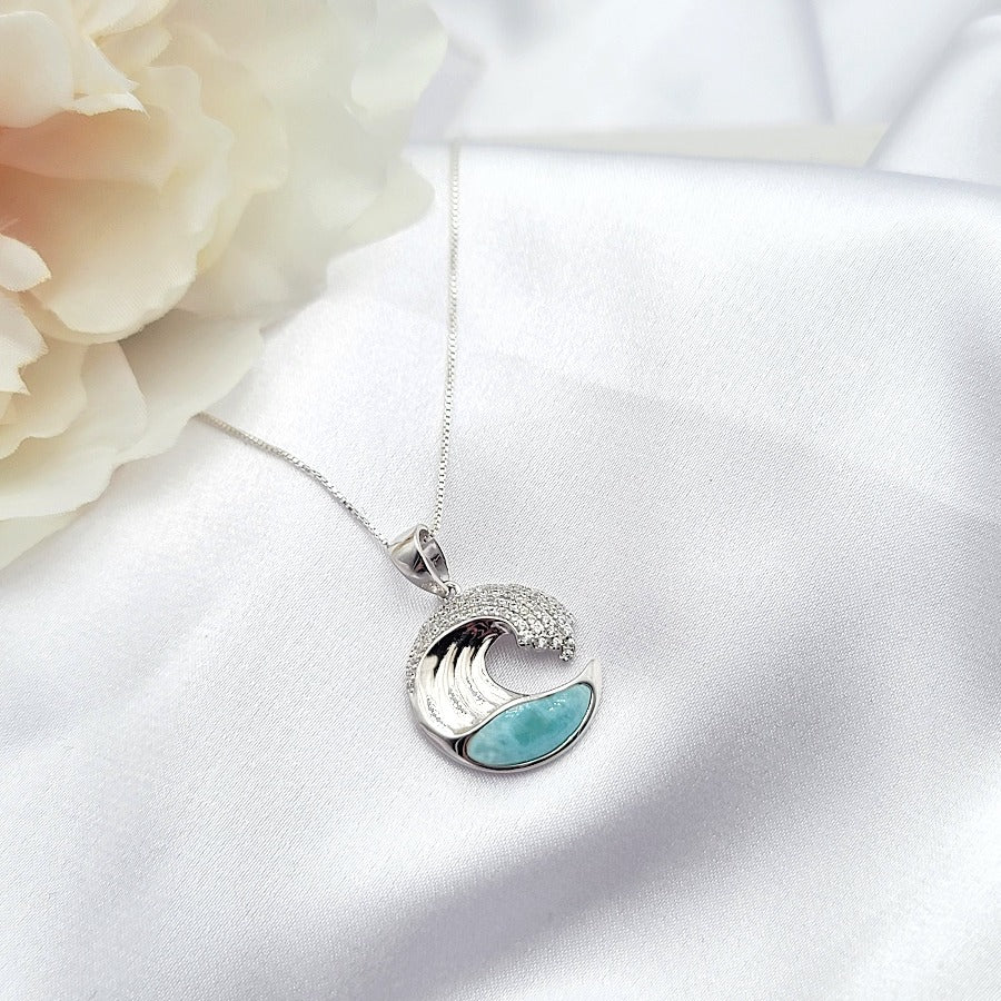 Larimar Wave Necklace Pendant, 925 Sterling Silver