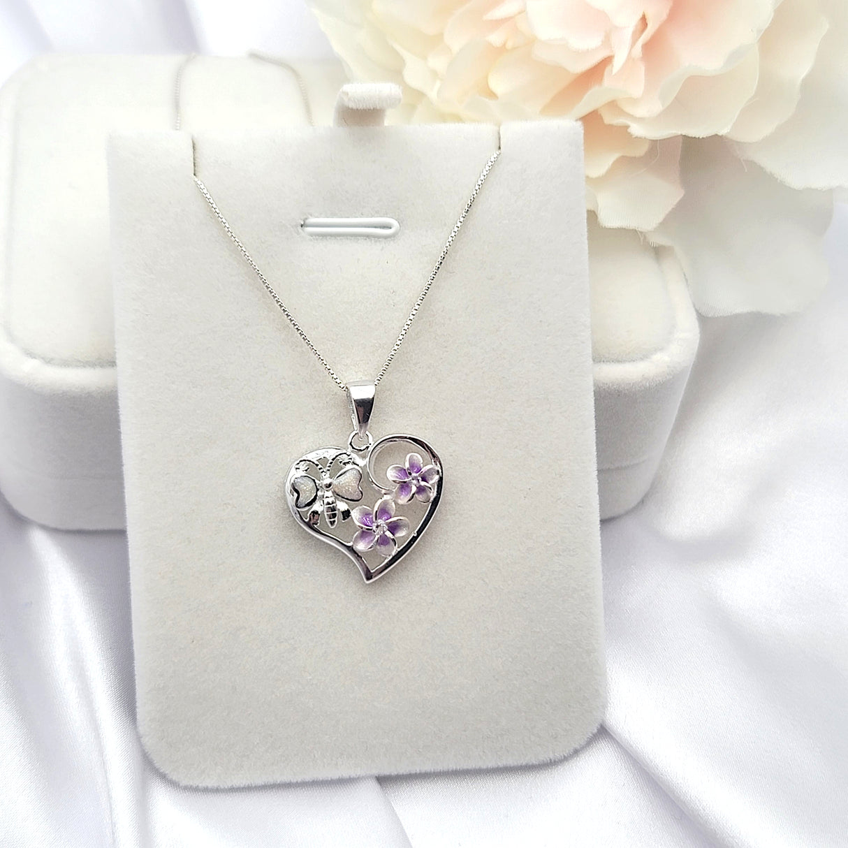 925 Sterling Silver Butterfly Plumeria Heart Necklace