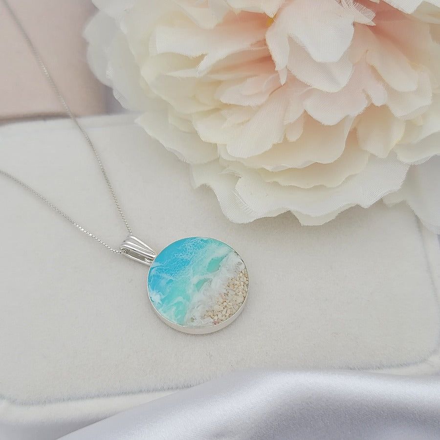 925 Sterling Silver Beach Necklace, Ocean Resin Pendant